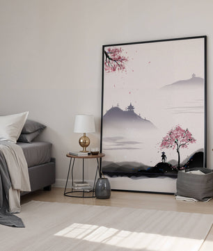 Paisaje sereno con árbol de cerezo y pagodas distantes