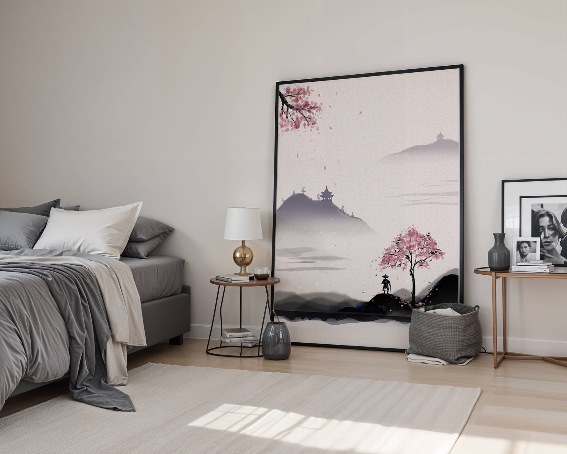 Paisaje sereno con árbol de cerezo y pagodas distantes