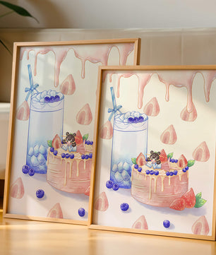 Escena de postre caprichosa con pastel y bebida con acentos juguetones