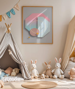 An abstract geometric art piece with pastel tones and golden accents