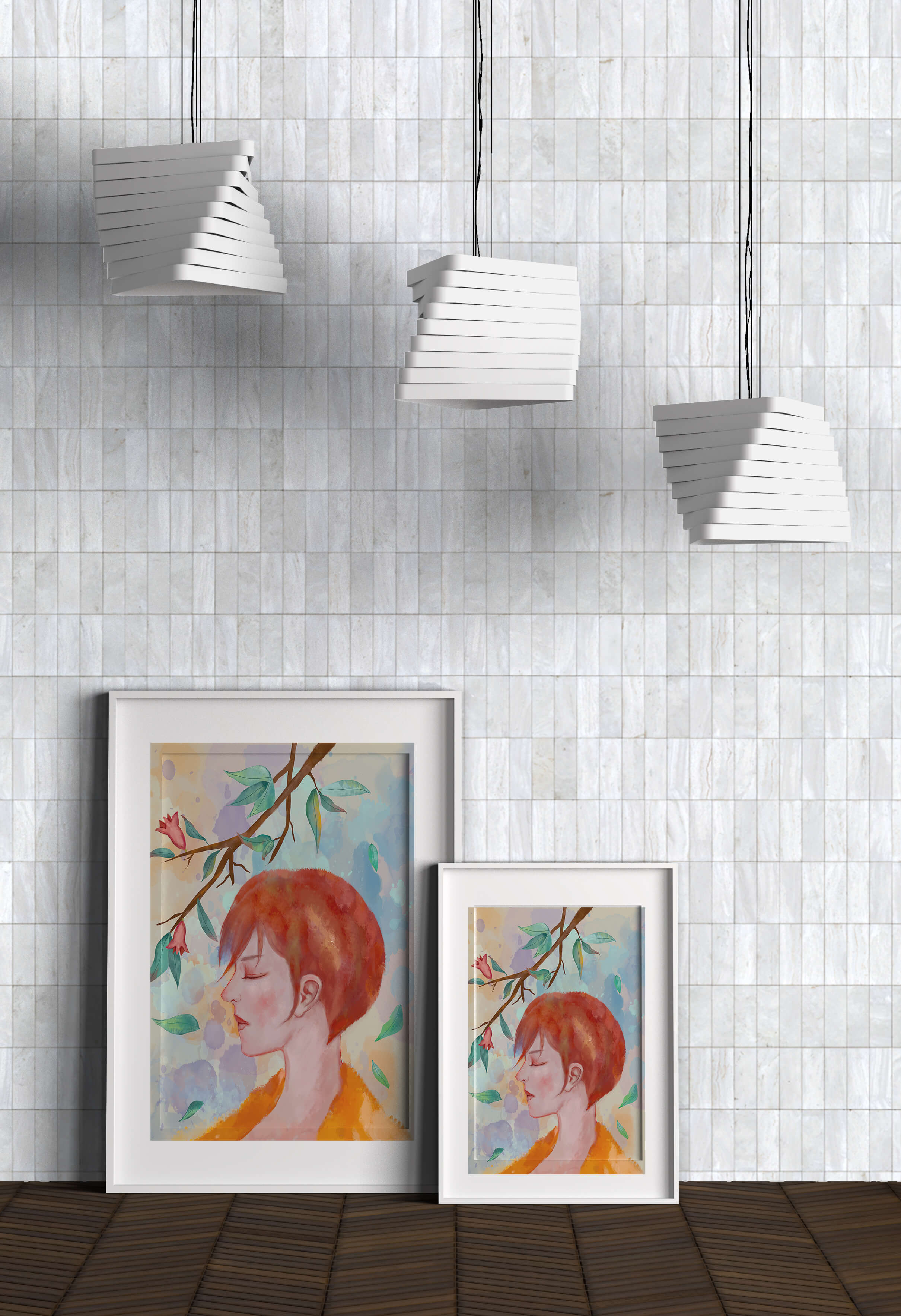 Illustrative artwork of a woman with red hair and floral branch