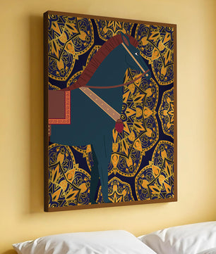 Stilisierte Pferdeillustration auf kompliziertem goldenem Musterhintergrund