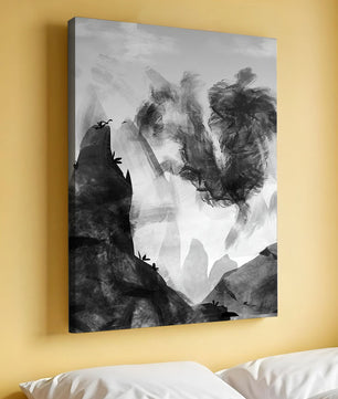 Paisaje monocromático con montañas y nubes abstractas