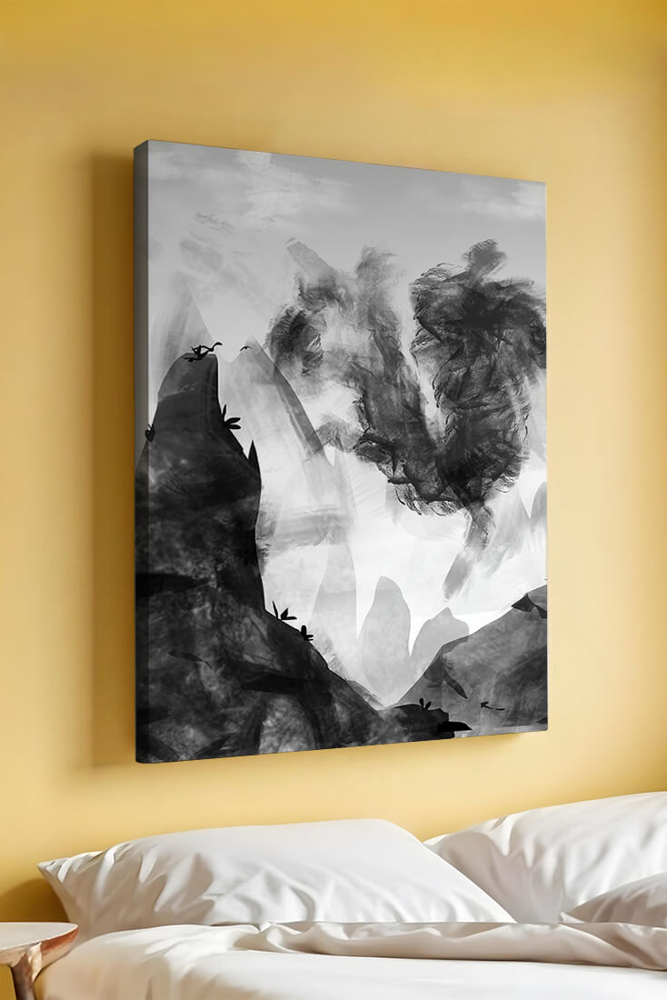 Paisaje monocromático con montañas y nubes abstractas