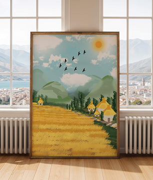 Sunny Countryside With Birds And Golden Fields