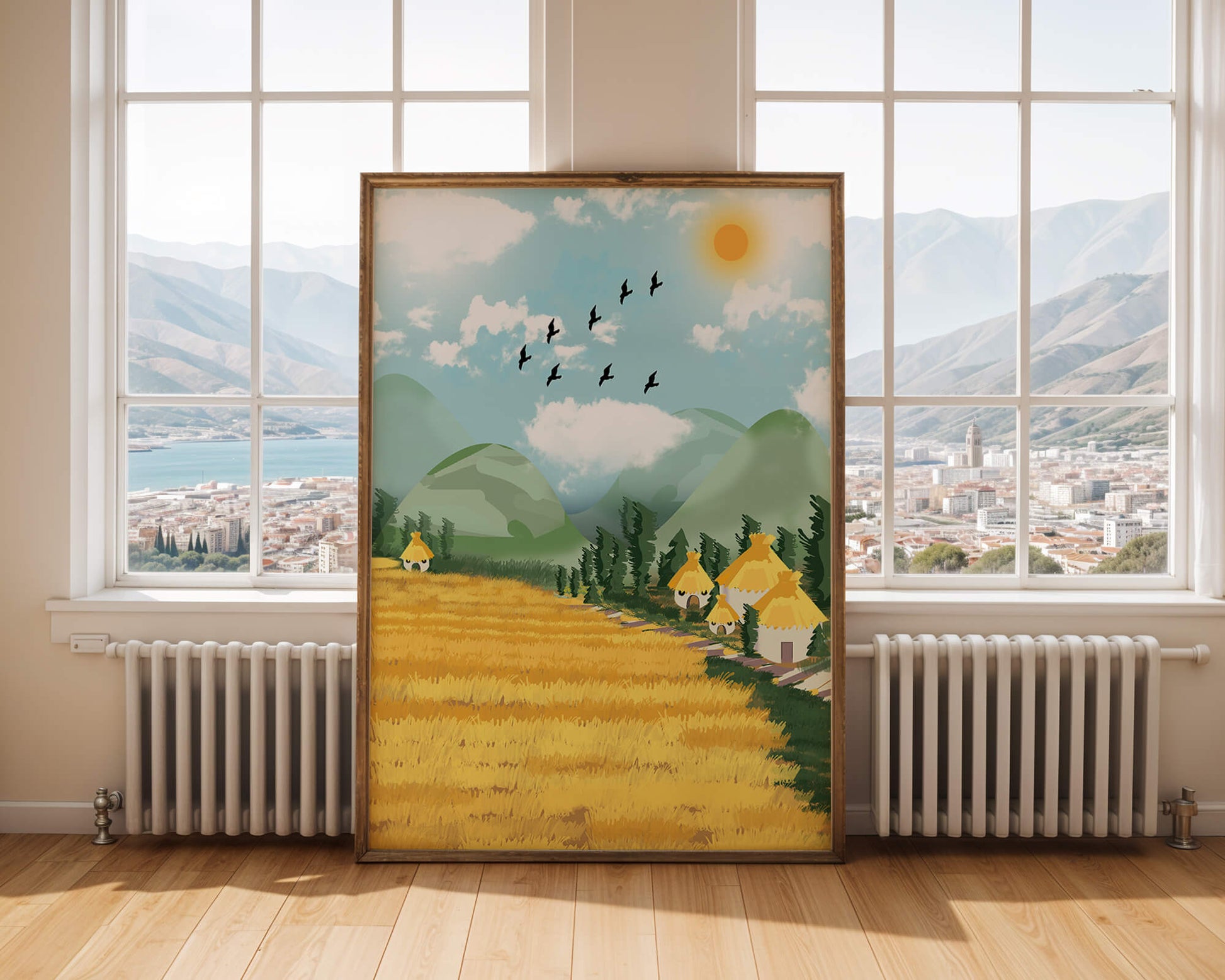 Sunny Countryside With Birds And Golden Fields
