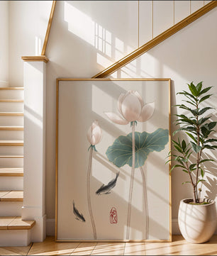 Fleurs de lotus et carpes koï dans une illustration d’art asiatique minimaliste