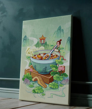 Illustration of a traditional Asian scene with large bowl and serene landscape