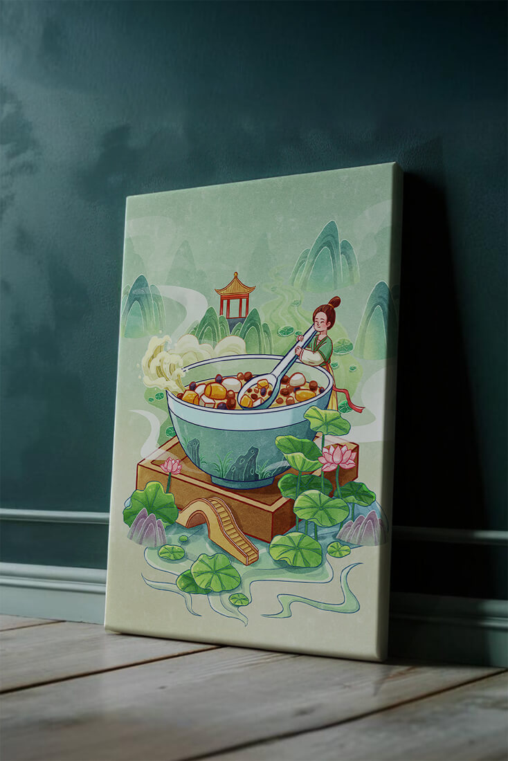 Illustration of a traditional Asian scene with large bowl and serene landscape