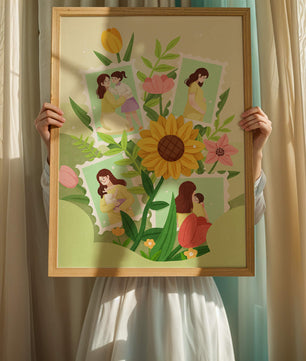 Ilustración de momentos familiares con fondo floral vibrante