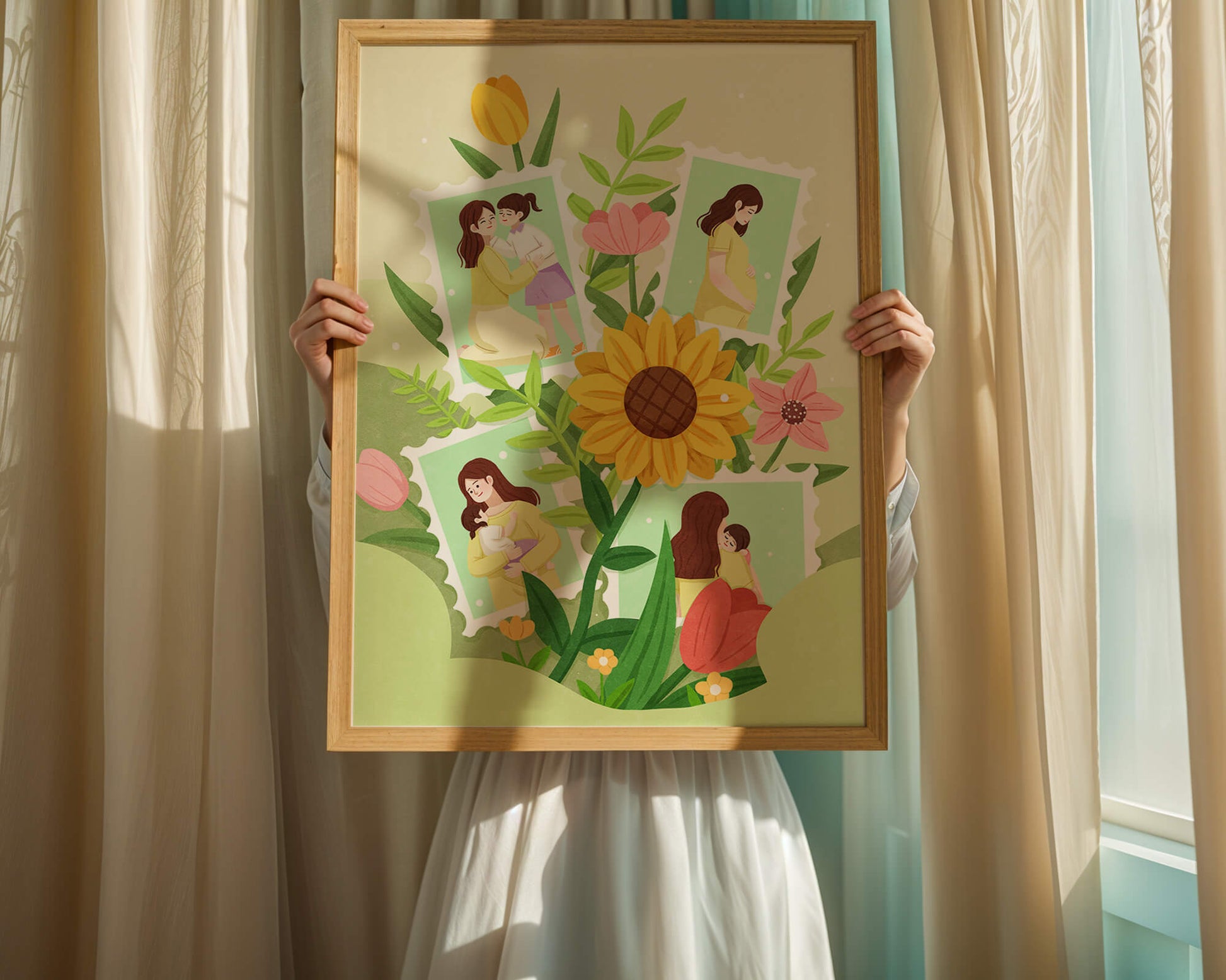 Ilustración de momentos familiares con fondo floral vibrante