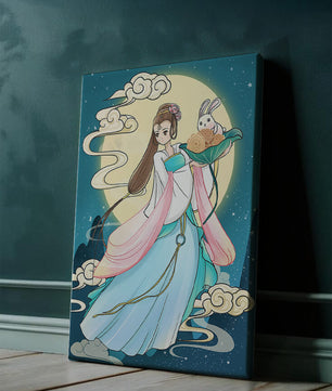 Traditional Asian-inspired artwork featuring a woman and rabbit under a moonlit sky