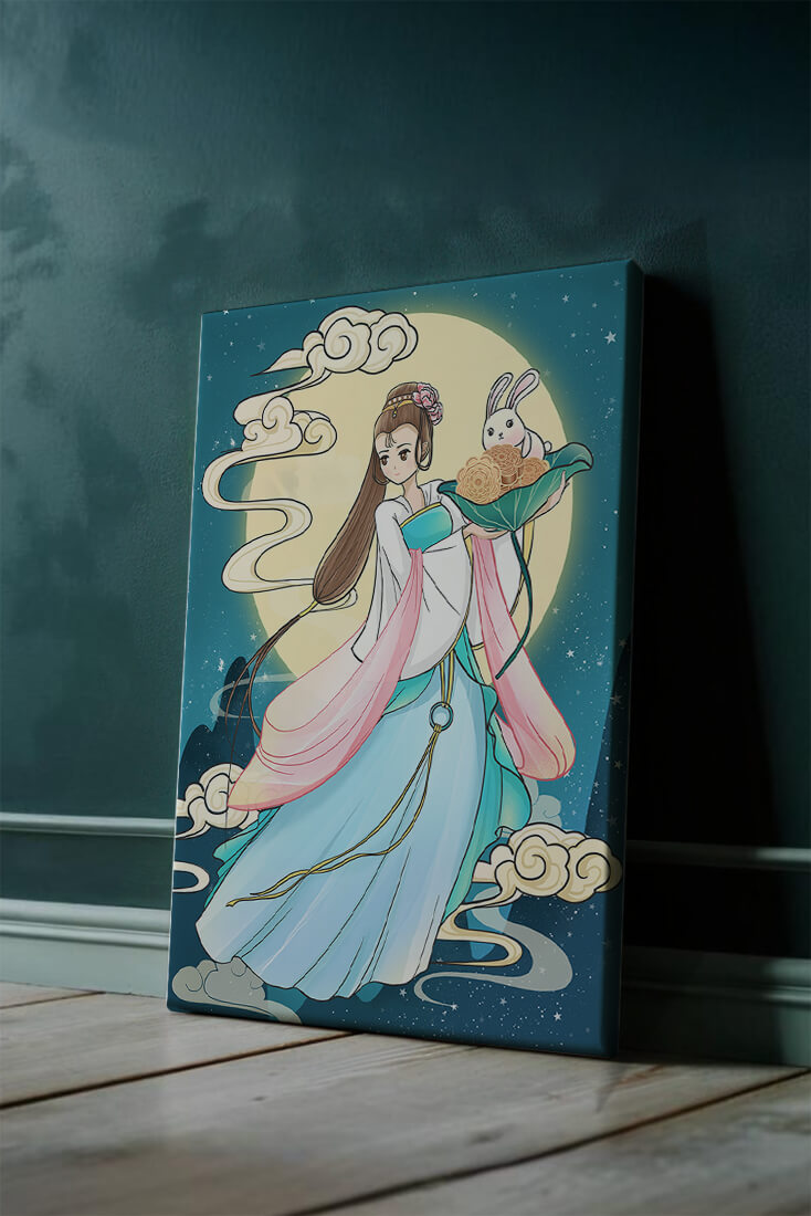 Traditional Asian-inspired artwork featuring a woman and rabbit under a moonlit sky