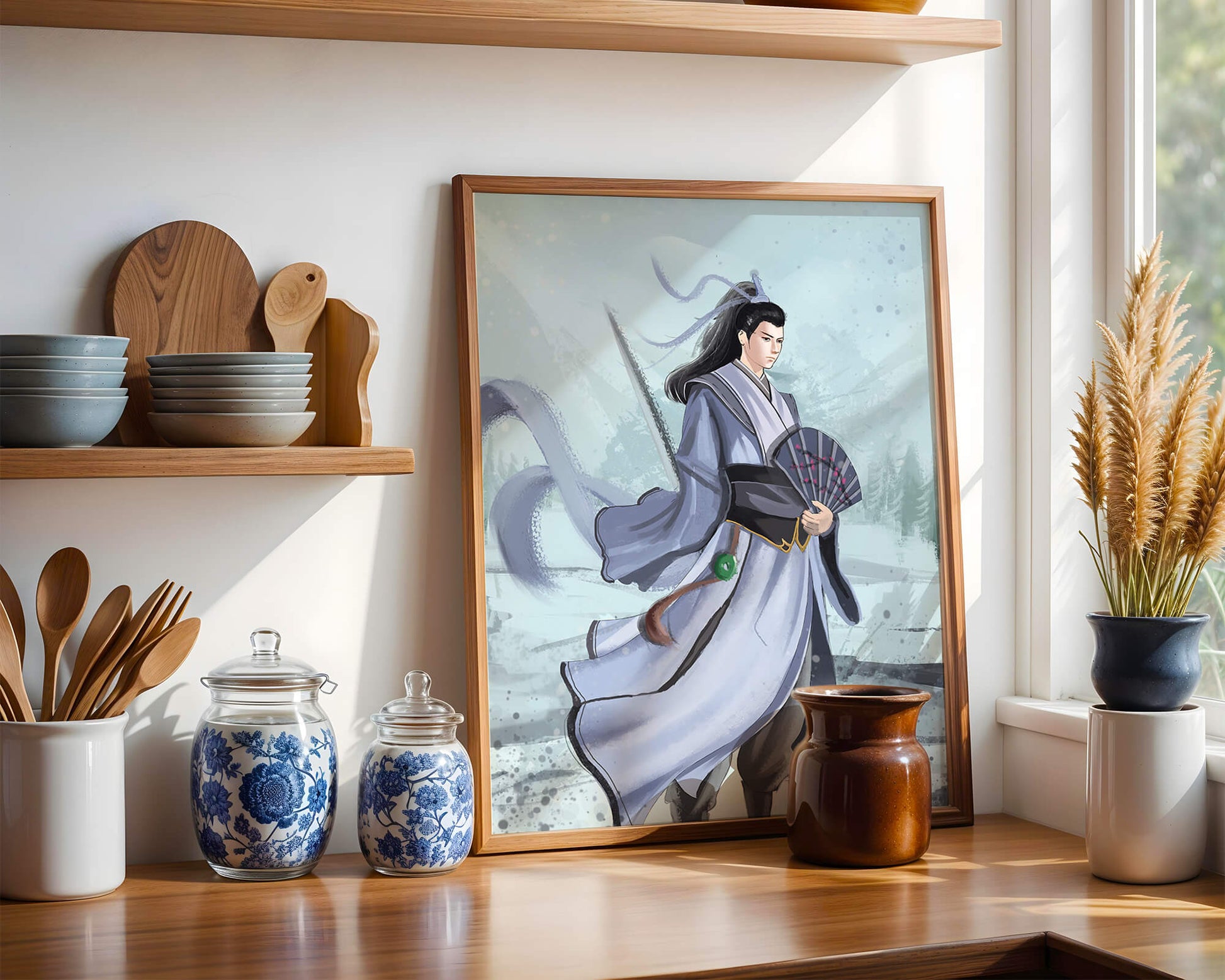 Elegant warrior in traditional attire with flowing robes and fan