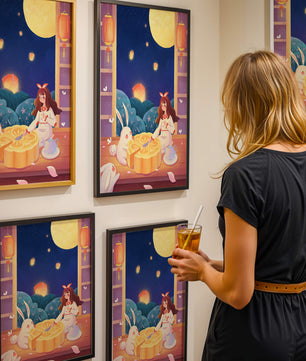 Moonlit Night with Lanterns and Tea Ceremony Featuring Rabbits and Mooncakes
