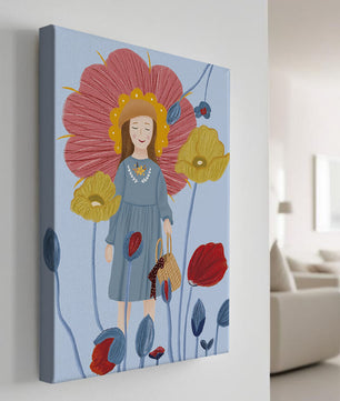 Fille dans un pays des merveilles fleuri avec des couleurs pastel et des fleurs vibrantes