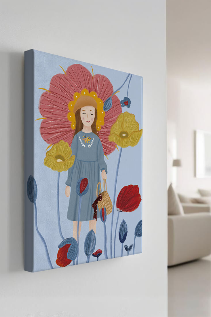 Fille dans un pays des merveilles fleuri avec des couleurs pastel et des fleurs vibrantes