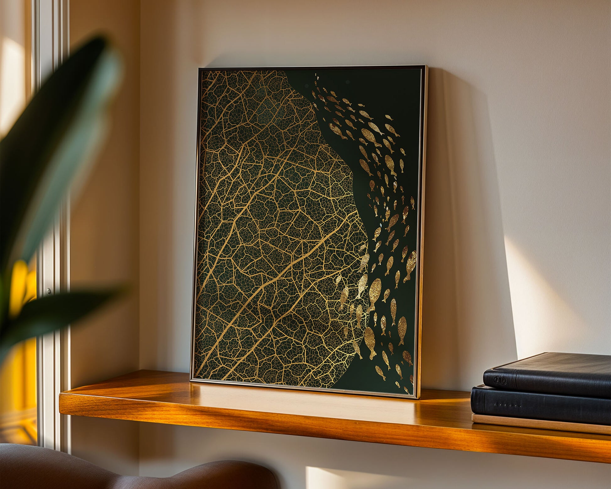 Hoja abstracta con patrón geométrico y siluetas de peces
