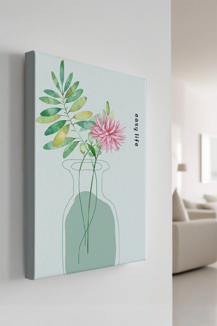 Arreglo floral en acuarela con vegetación en jarrón de vidrio