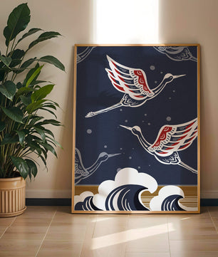 Illustrative cranes flying over ocean waves with dark background