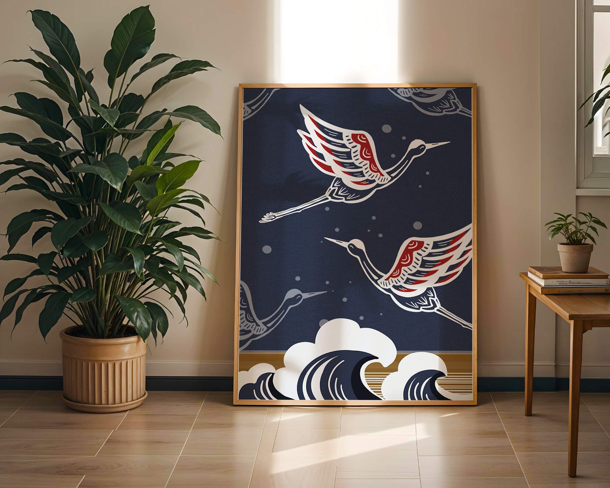 Illustrative cranes flying over ocean waves with dark background