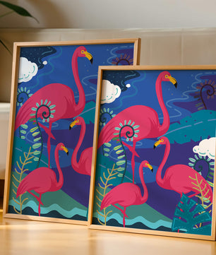 Colorful illustration of flamingos in a tropical setting