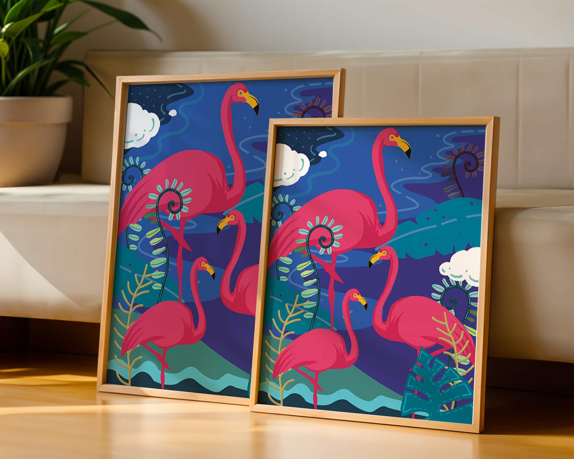 Colorful illustration of flamingos in a tropical setting