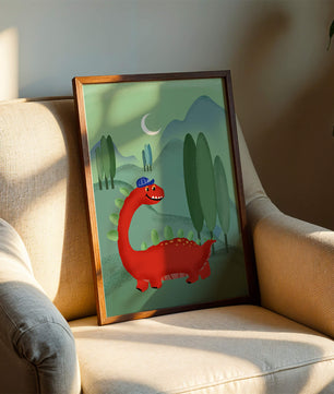 Whimsical red dinosaur in a serene nighttime forest