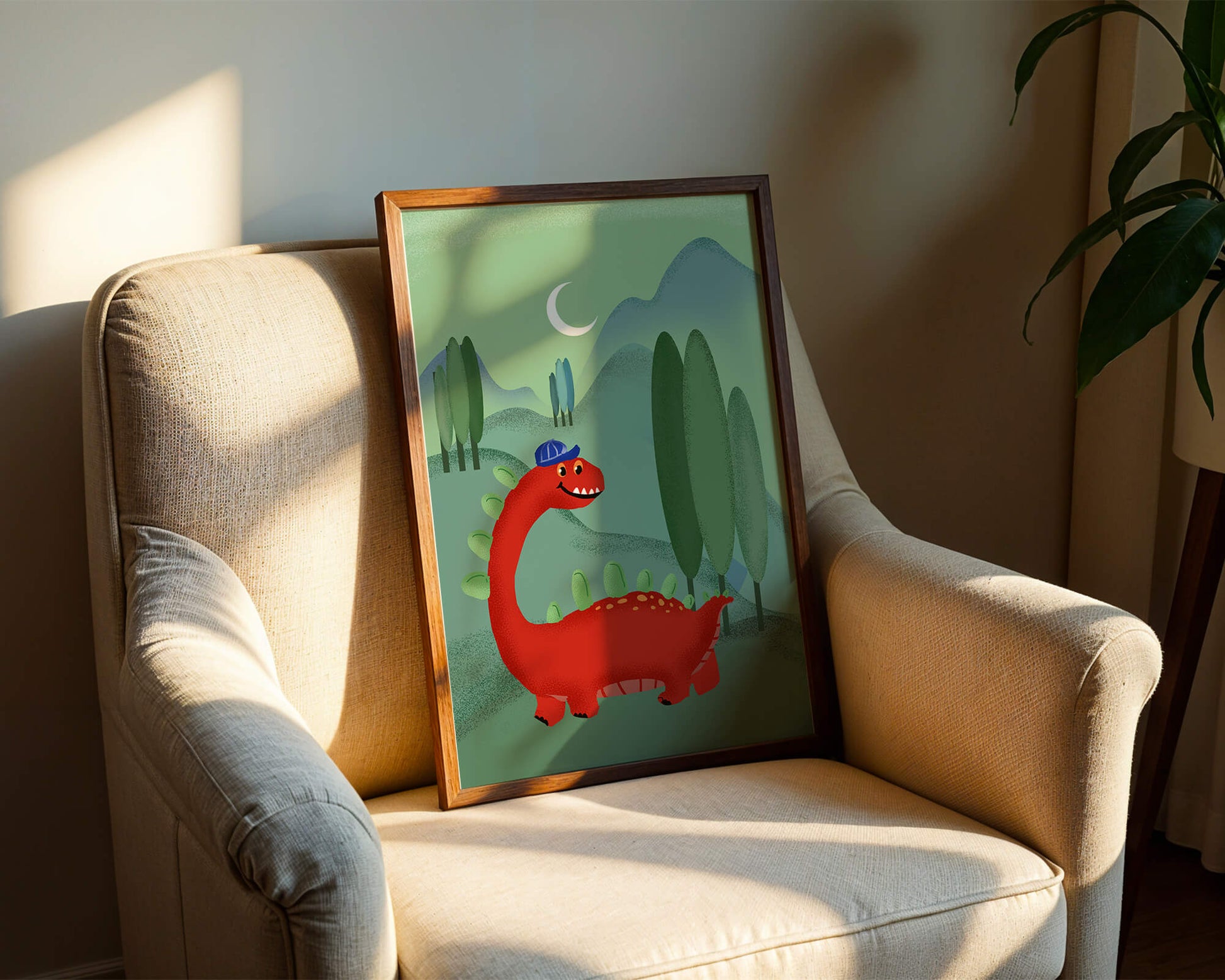 Whimsical red dinosaur in a serene nighttime forest