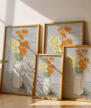 Vibrant daisies in a white vase illustration