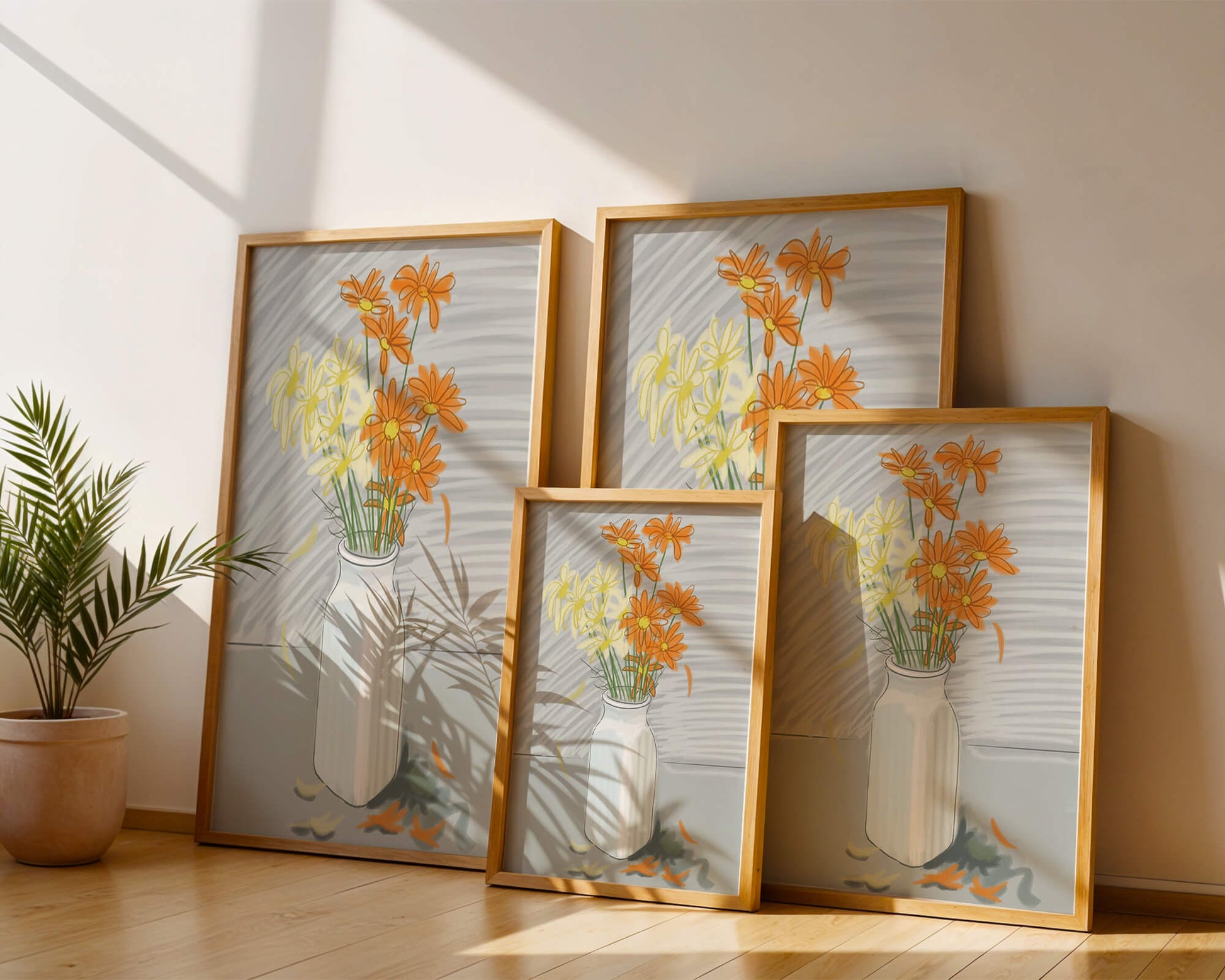 Vibrant daisies in a white vase illustration