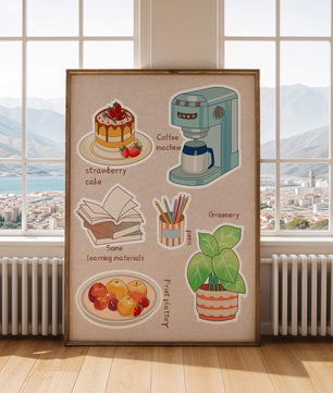 Elementos esenciales del hogar acogedor que incluyen pastel de fresa, cafetera y materiales de estudio