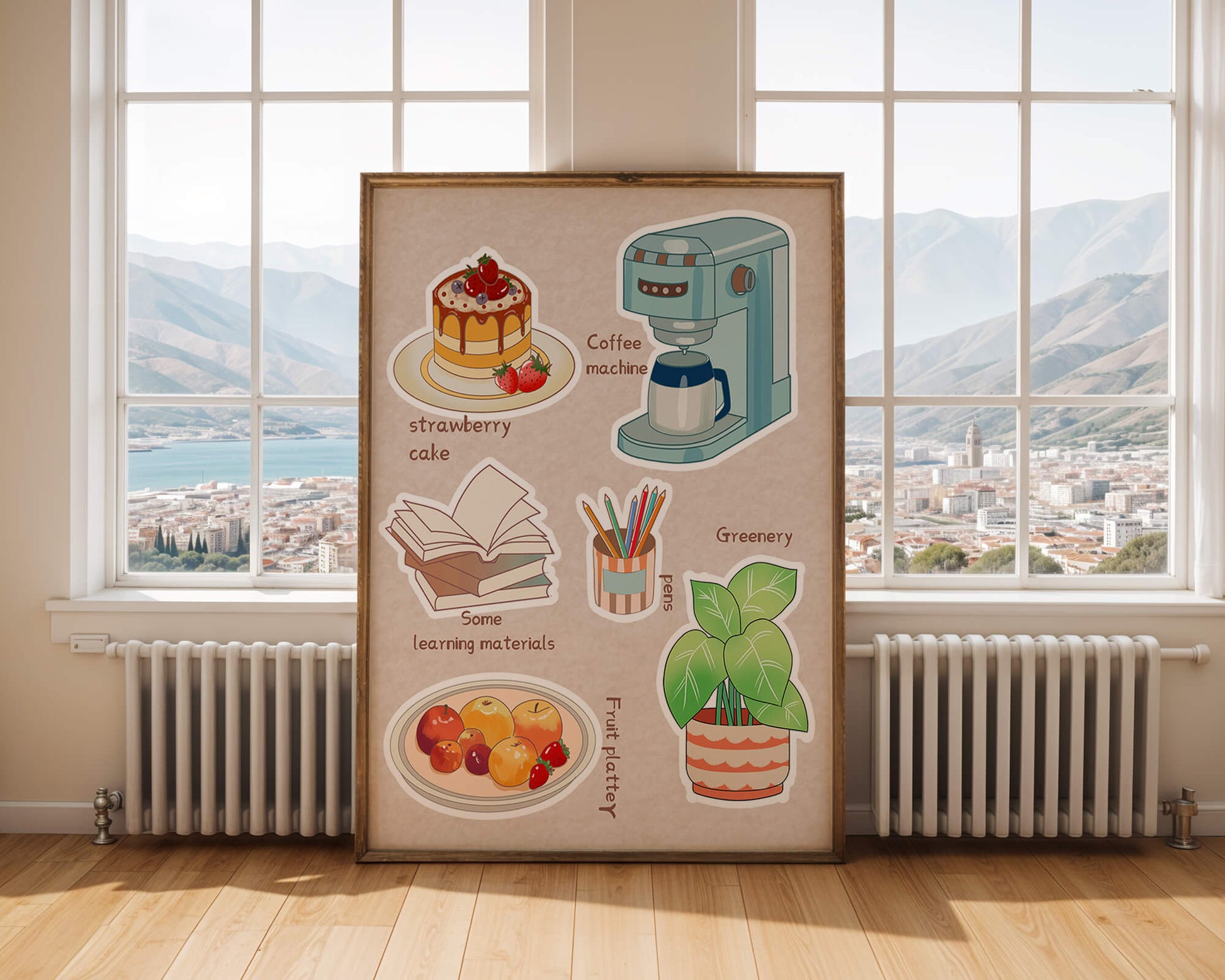 Elementos esenciales para un hogar acogedor, como tarta de fresa, cafetera y materiales de estudio.