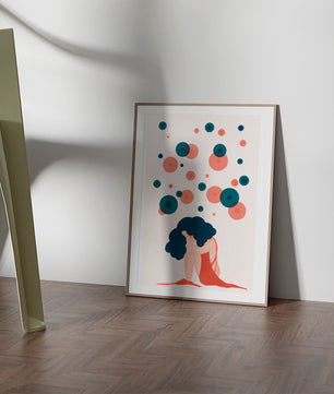 Abstract Illustration of a Woman with Curly Blue Hair Surrounded by Colorful Circles - Mi tienda