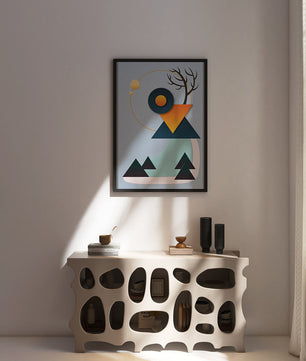 Abstract Geometric Landscape with Mountain and Sun - Mi tienda