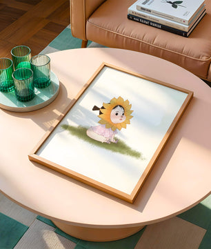 Adorable child with sunflower costume sitting on a grassy patch