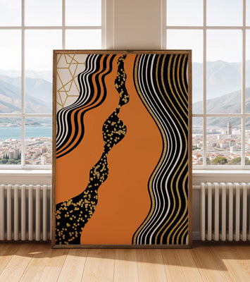 Artistic abstract design with wavy black lines and golden accents