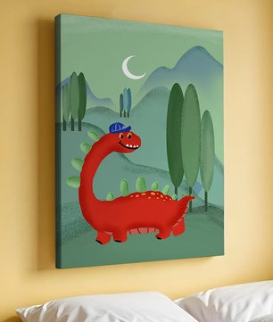 Whimsical red dinosaur in a serene nighttime forest