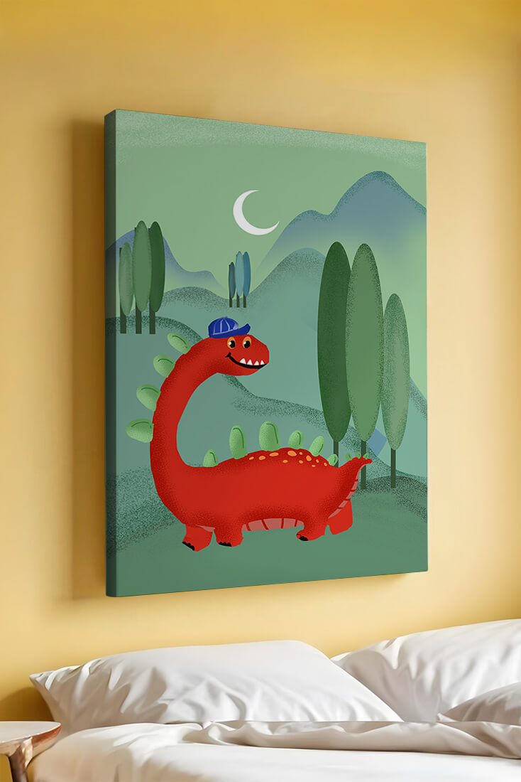 Whimsical red dinosaur in a serene nighttime forest