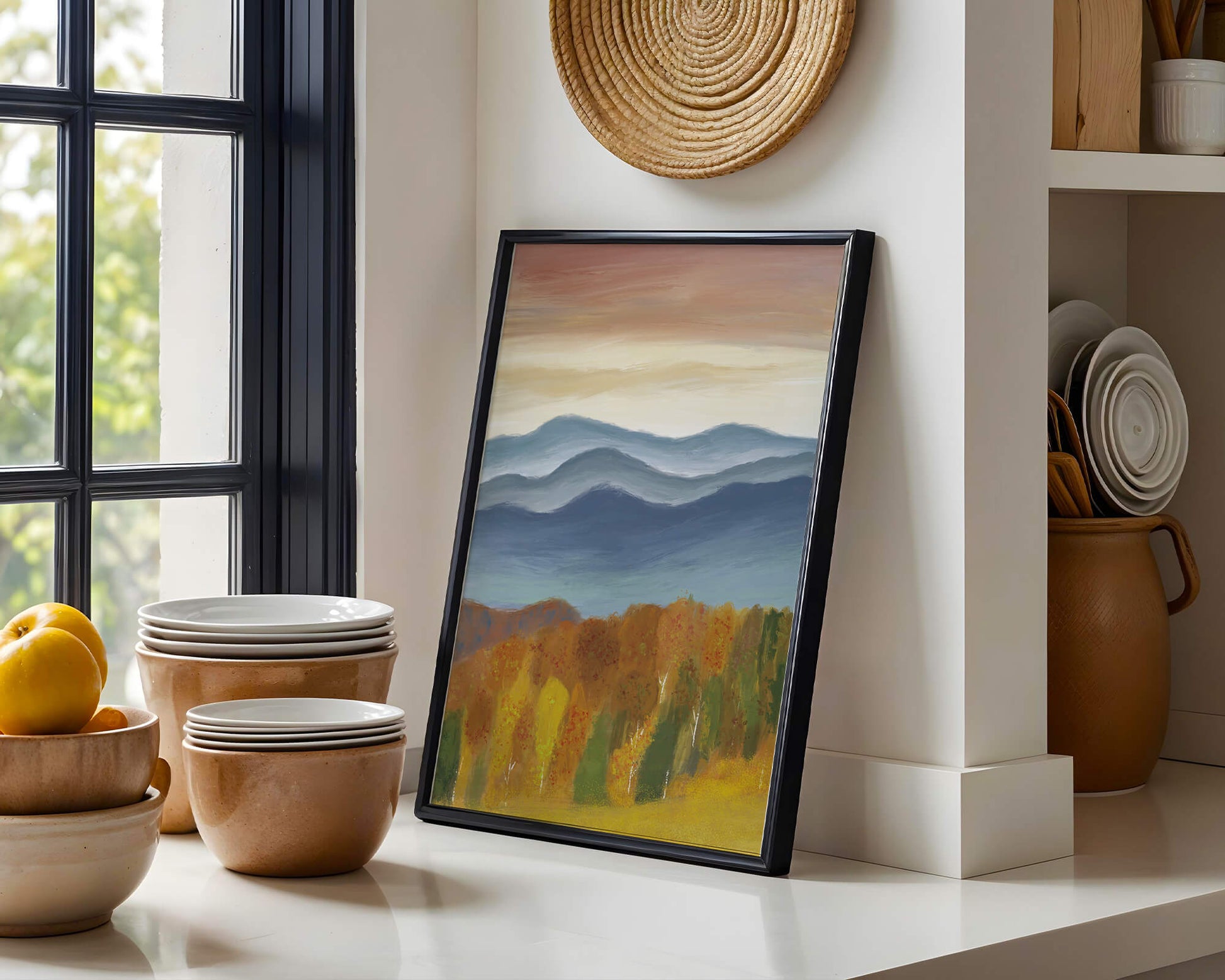 Autumn Mountain Landscape with Vibrant Trees and Colorful Sky