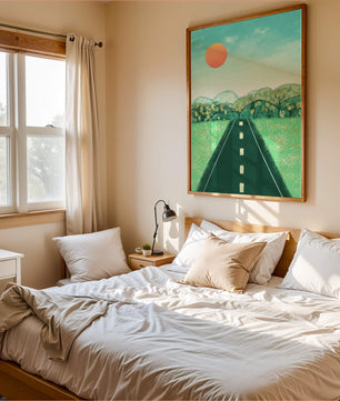 Serene Landscape with Road Leading to Sunset and Lush Greenery