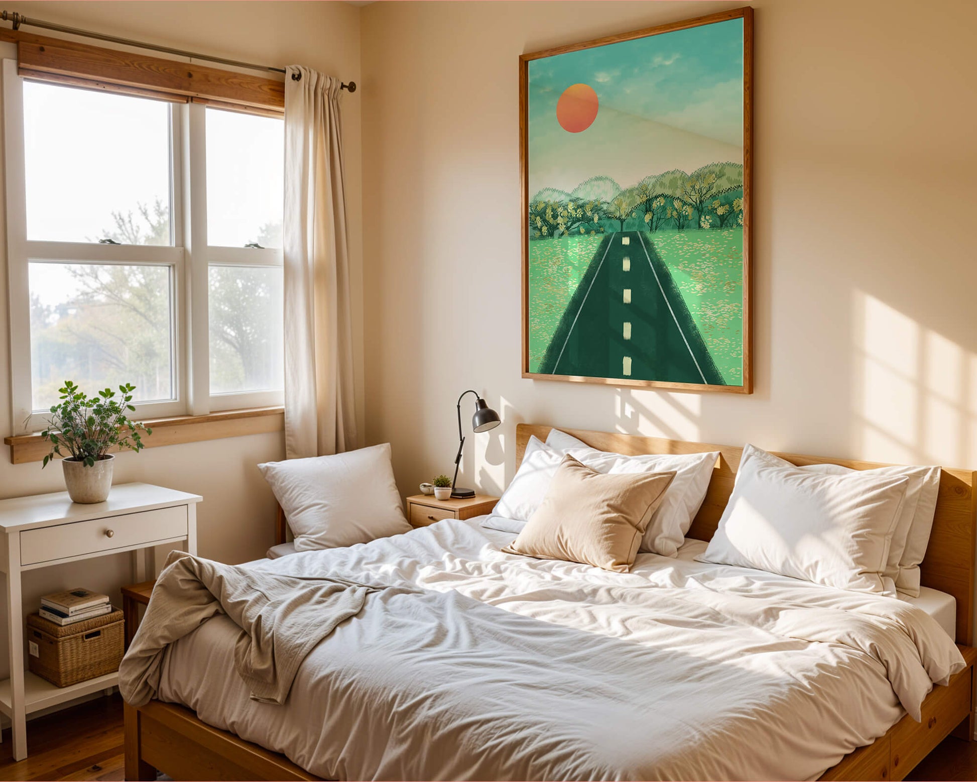 Serene Landscape with Road Leading to Sunset and Lush Greenery