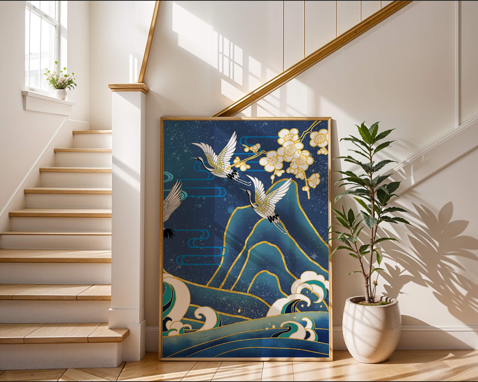 Elegant Cranes in Flight over Ocean Waves with Golden Accents and Blossoms