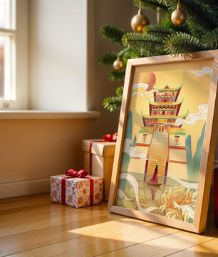 Ancient temple with serene landscape and vibrant colors artwork