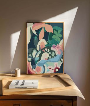 Abstract botanical artwork with vibrant colors and natural elements