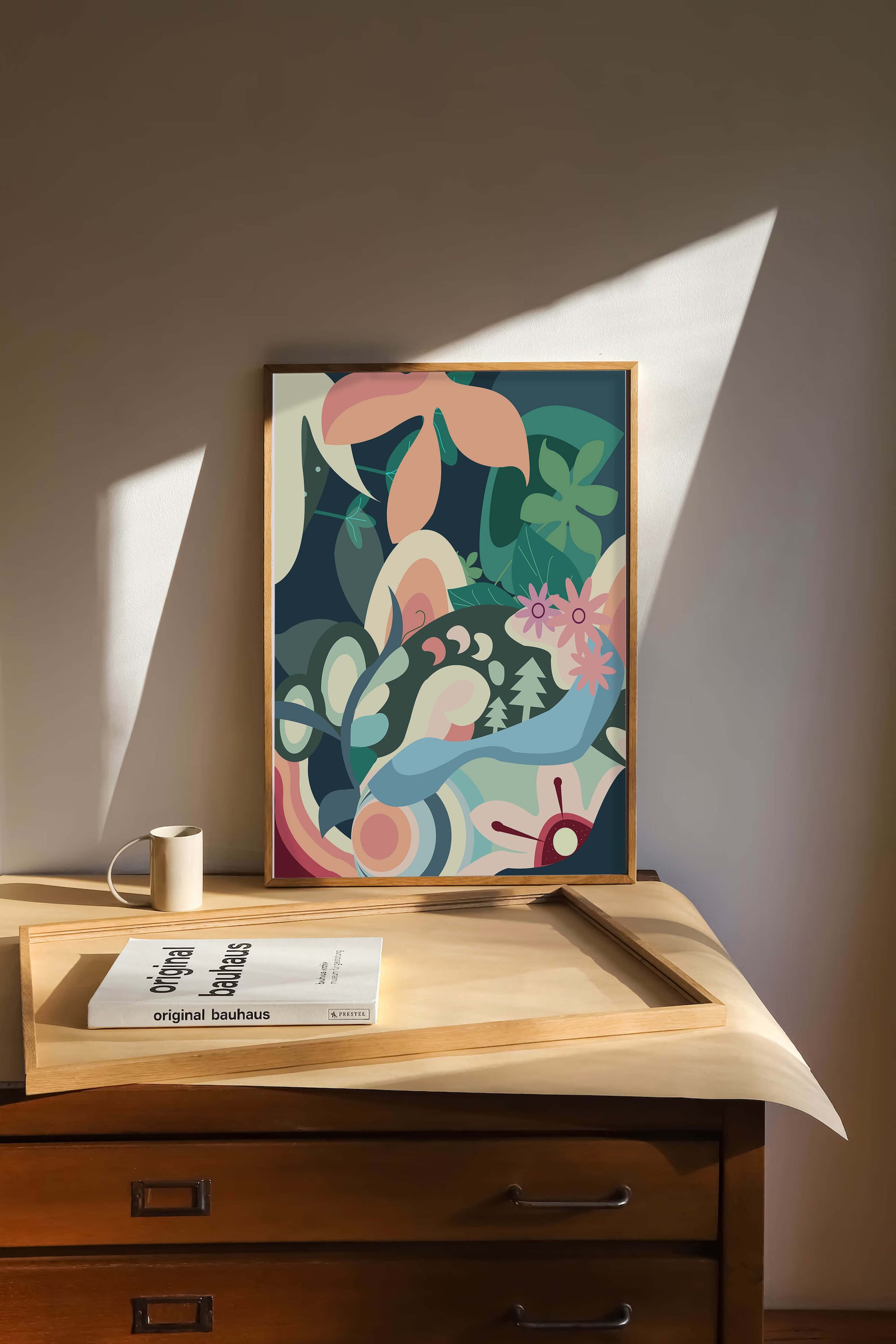 Abstract botanical artwork with vibrant colors and natural elements