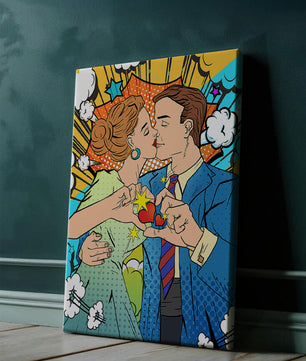 Ilustración de estilo pop art romántico de una pareja besándose con elementos cómicos