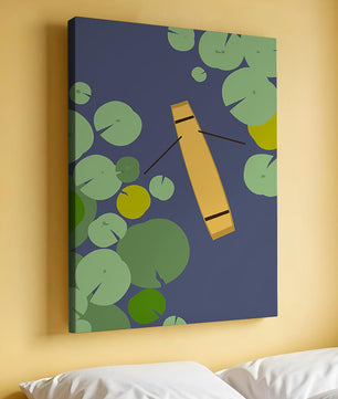 Top view of a yellow canoe among green lily pads on a calm lake