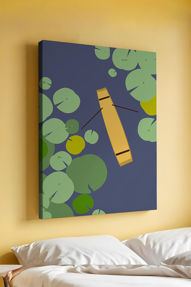 Top view of a yellow canoe among green lily pads on a calm lake