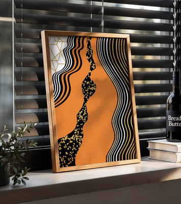 Artistic abstract design with wavy black lines and golden accents